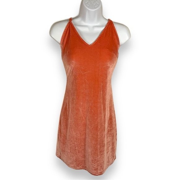 LARGE JUNIORS PEACH ORANGE VELOUR STRETCH DRESS BODYCON VNECK SLEEVELESS - Picture 1 of 14